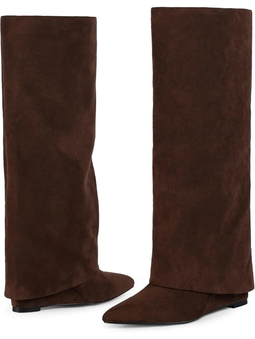 Women's Suede Chocolate Wedge Heel Pointed Toe Faux Leather Over The Knee Boots